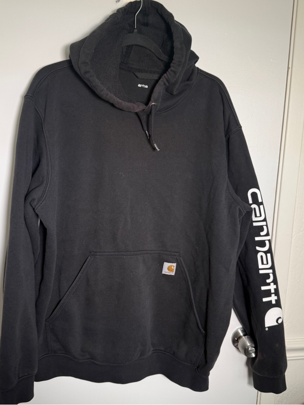 Carhartt Men's Black Hooded Work Sweatshirt with Sleeve Logo Large